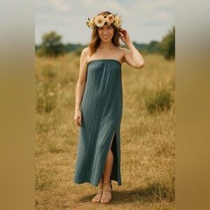 FREE PEOPLE Column Dress Teal Blue Green with Side Split